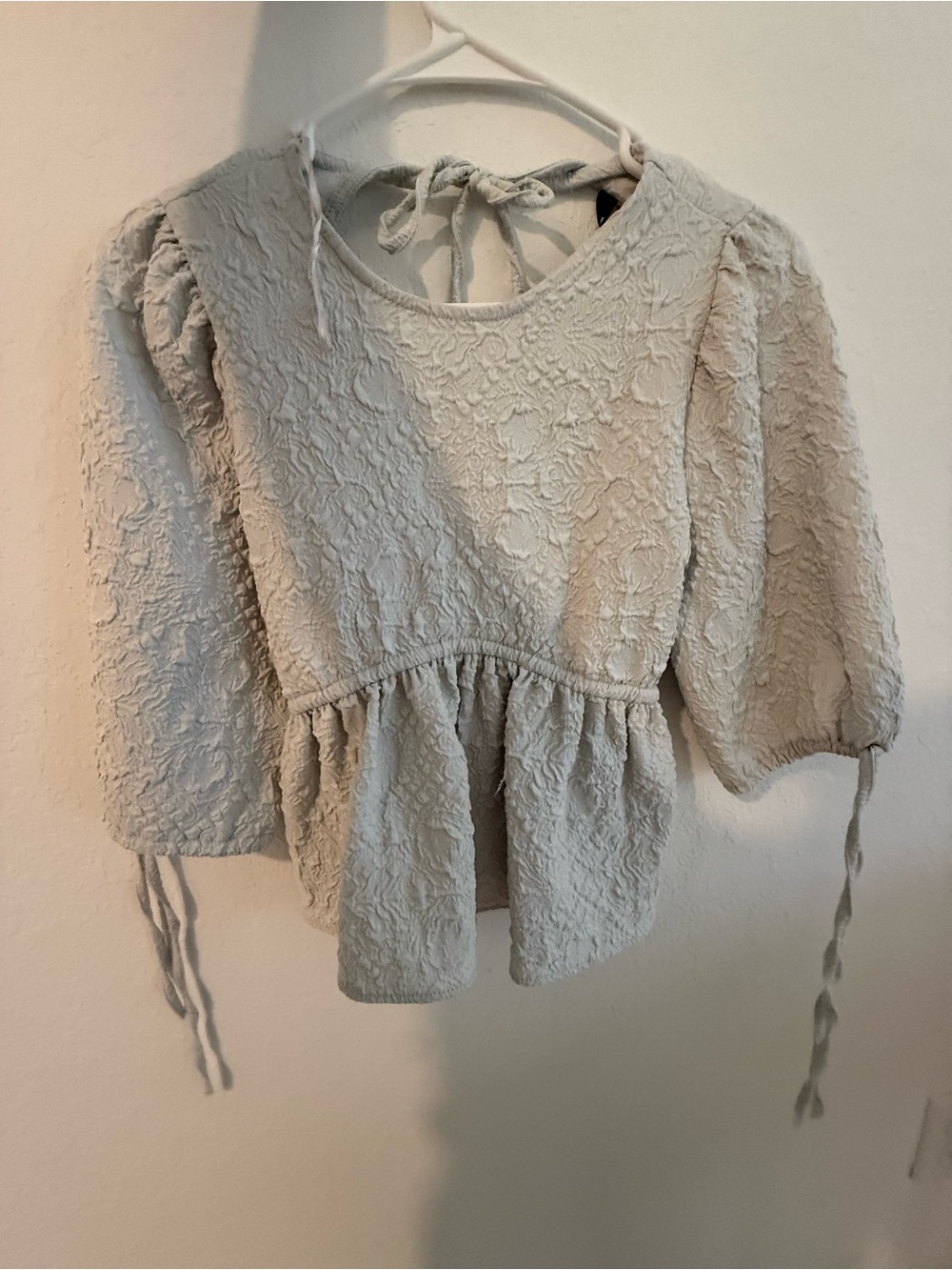Zara Cream Textured Peplum Blouse with Tie-Back